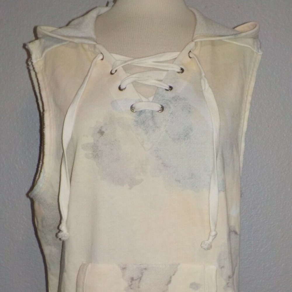 ALTERNATIVE APPAREL MS LARGE IVORY WATERCOLOR SLEEVELESS LACE TIE FRONT HOODIE